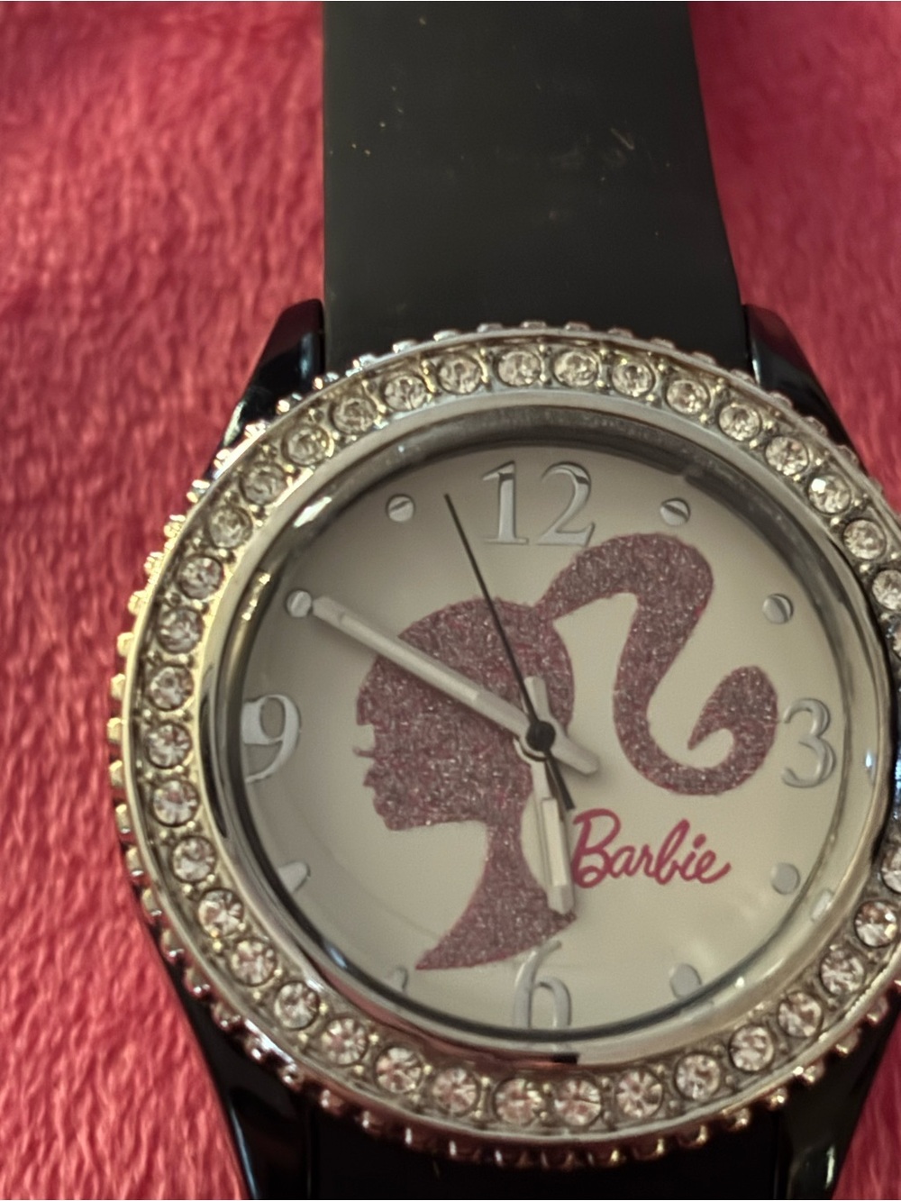 Barbie Black Strap Watch with Pink Silhouette and Silver Crystal Bezel